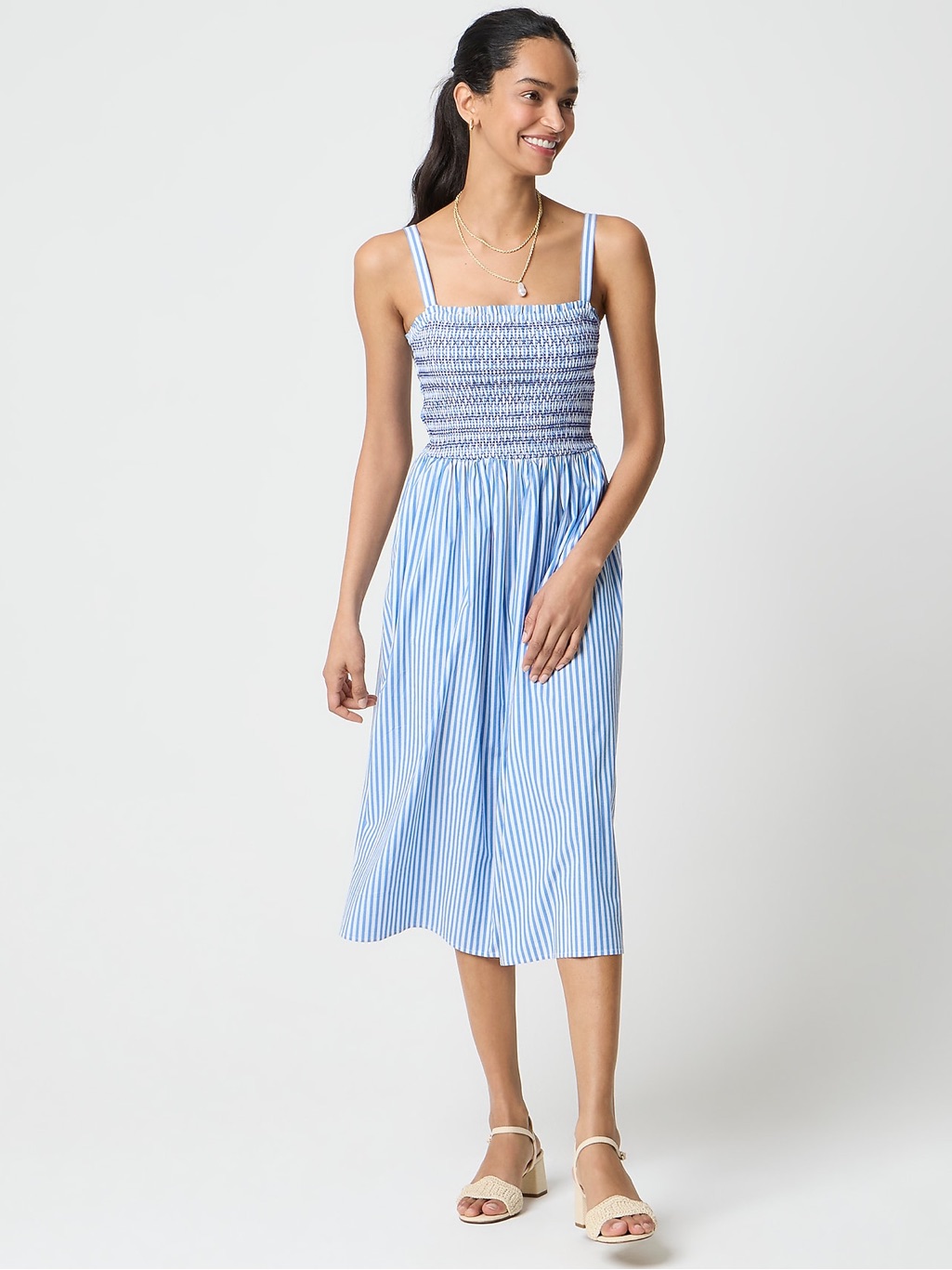 J. Crew Blue White Stripe Smocked Waist Midi Cotton Blend Sundress Classic Small